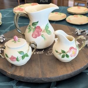 Franscican Hand-Painted Desert Rose Ceramic Serving Set in Cream and Pink